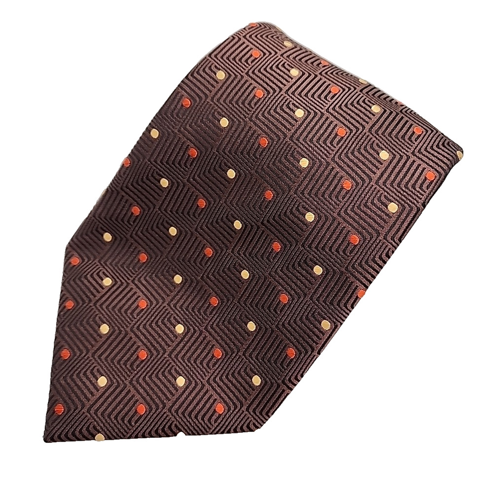 XMI 325 Series Chocolate w/Red-Gold Dots Silk Necktie - Made in USA - Like New
